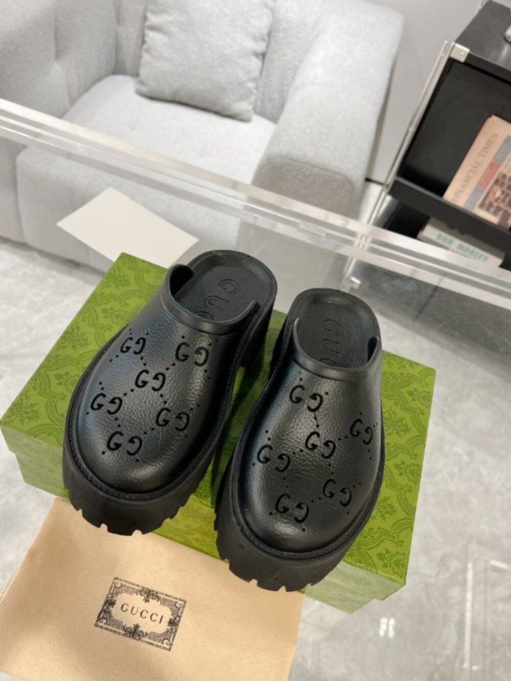 Gucci Black Perforated GG Leather Clogs with Lug Sole
